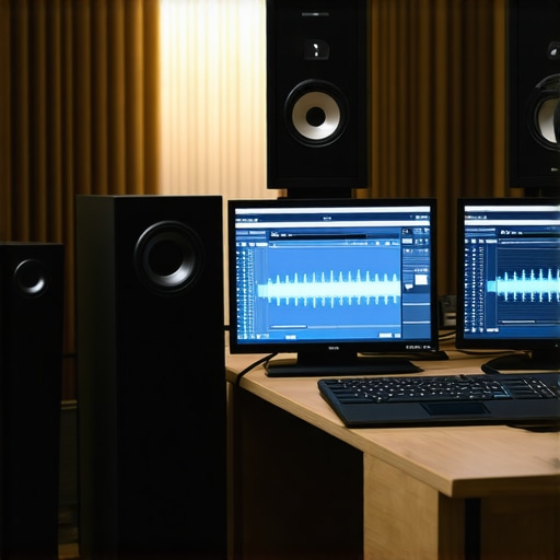 Technician calibrating home AV system with measurement tools and software for optimal performance.