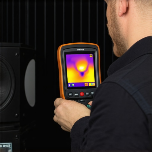 Technician pointing a thermal camera at AV hardware to check for overheating.