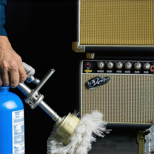 Person using a brush and compressed air to clean inside a vintage power amplifier