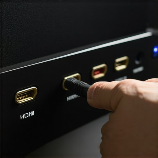 Person plugging high-quality HDMI cables into a home theater setup.