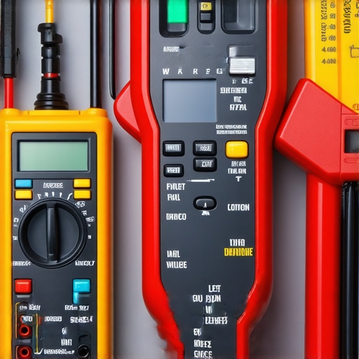 A technician's hand using a multimeter and infrared thermometer on audio equipment during system maintenance.
