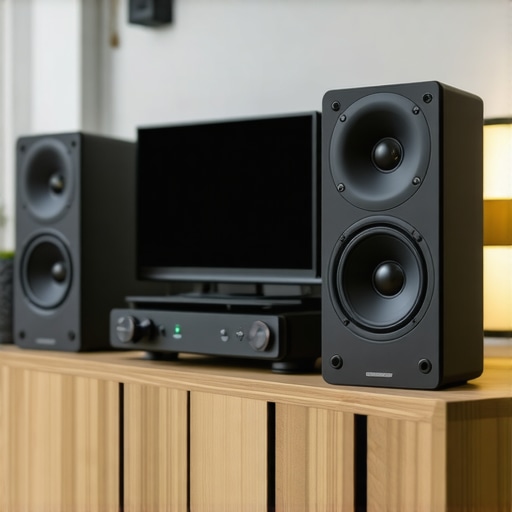 Person adjusting speaker placement in a stylish living room