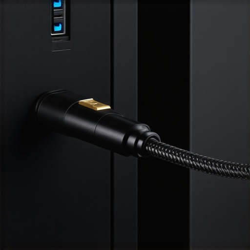 Close-up of a braided USB 3.1 cable connecting media devices in a home theater.