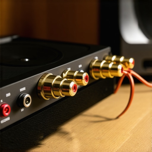 Speaker cables being connected to a home audio system, highlighting quality wiring and connectors.
