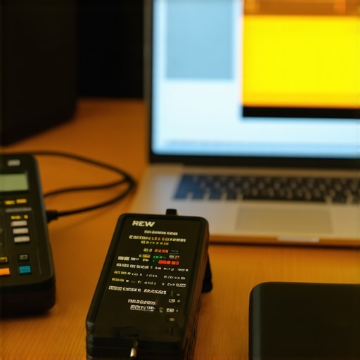 Expert calibrating a home theater system with measurement tools and software.