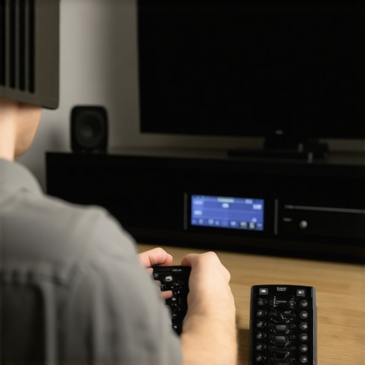 Technician calibrating and maintaining home theater equipment with tools and software