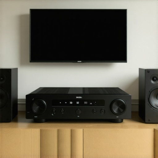 A modern living room featuring a complete high-end home audio setup with speakers, AV receiver, and media hub.