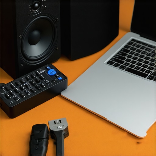A person checking audio equipment with tools and a laptop for calibration and maintenance.