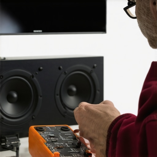 Technician testing speaker impedance in a home theater setup.
