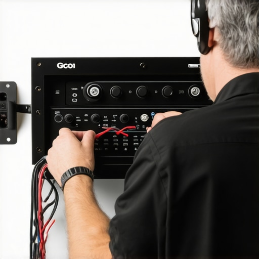 Technician adjusting speaker wires and calibrating audio in a home theater