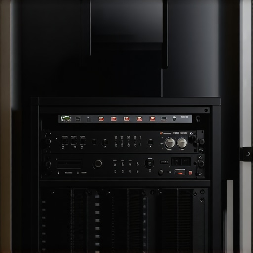 Media cabinet with organized, labeled cables routed neatly with proper ventilation.