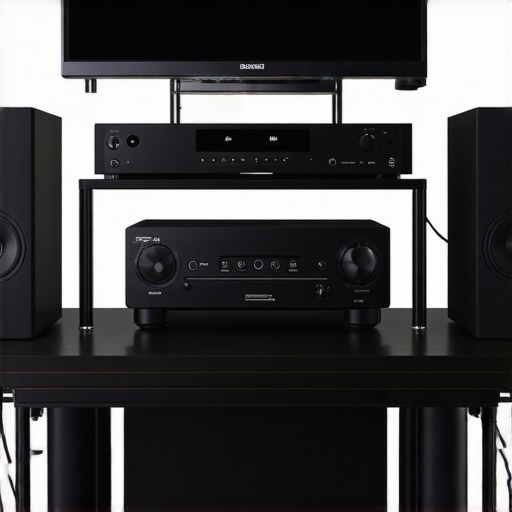 A well-organized home theater with neatly routed cables, high-end speakers, and a central AV receiver.