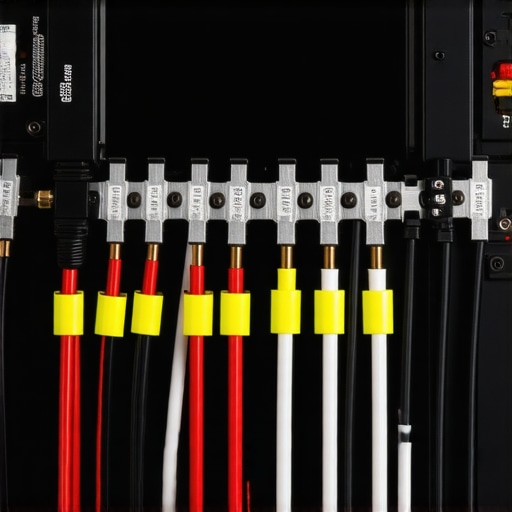 Close-up of neatly arranged speaker cables secured along a wall with labels for easy identification