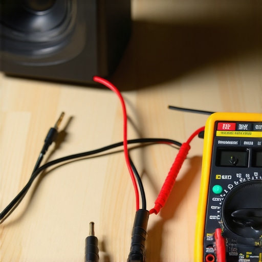 A digital multimeter measuring impedance of speaker cables in a home entertainment corner.