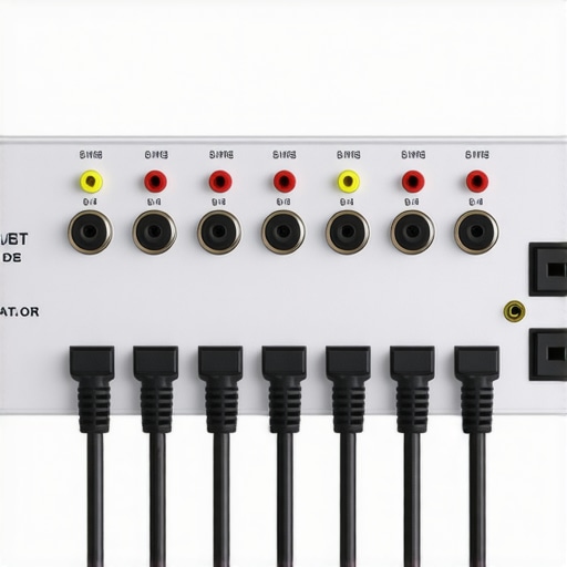 Close-up image of a surge protector with AV components plugged in, highlighting surge protection features.