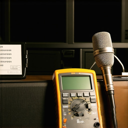 Close-up of multimeter, calibration microphone, and network tester used for home audio system maintenance.