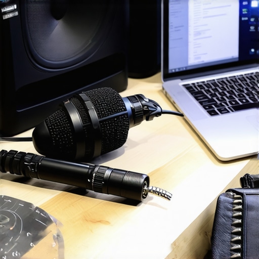 A person calibrating a home theater audio system using a measurement microphone and REW software.