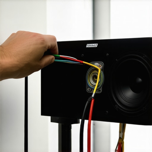 Person guiding speaker cables through wall cavity with fish tape and old wires.