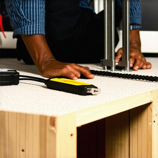 Person using fish tape to pull speaker cables beneath a carpet along the baseboard.