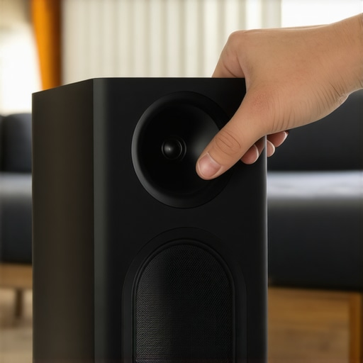 Person inserting foam plug into the rear port of a bookshelf speaker in a living room