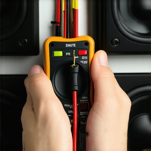 Person testing speaker wires with a multimeter in a home theater