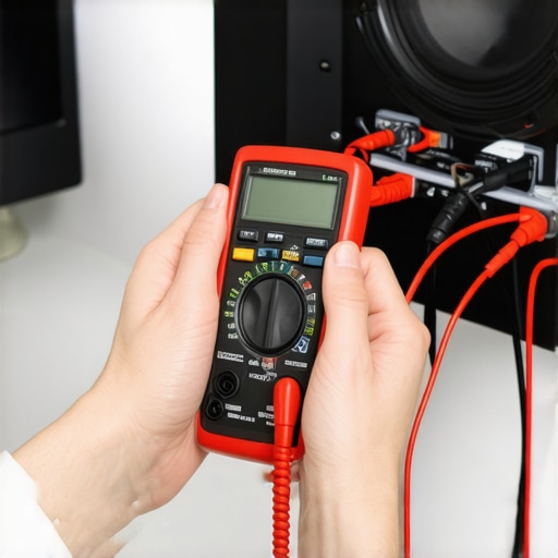Person checking speaker wire connections with a multimeter in a home theater