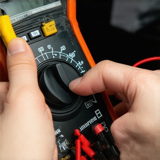A technician testing audio equipment wiring with a multimeter
