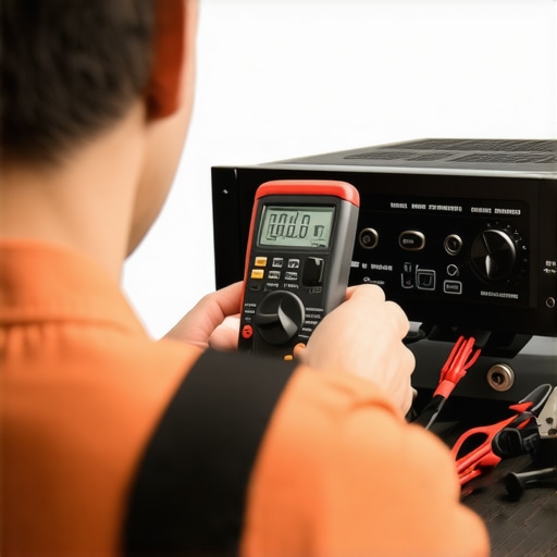 Technician checking internal circuits of a home theater receiver with a multimeter