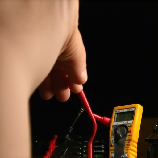 Person checking speaker wiring with a multimeter in a home theater environment