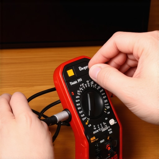 Person inspecting speaker cables with a multimeter in a modern home theater
