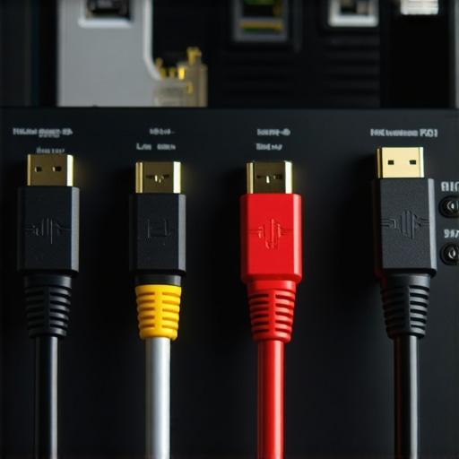 HDMI cables with protective shielding connected to a media hub and AV receiver.