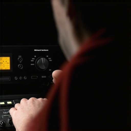 Audio Equipment Calibration Technician calibrating an AV receiver with test gear in a home theater setting.
