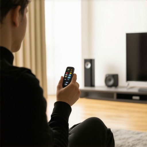 Calibrating a Home Theater System for Optimal Sound Person adjusting speaker levels with a sound level meter in a cozy living room with surround speakers.