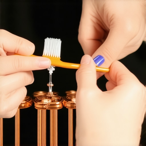 Hands cleaning tarnished copper speaker wires with vinegar and a toothbrush