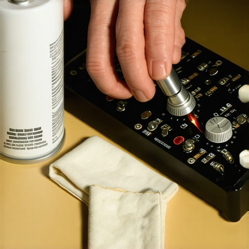 A close-up of a person gently spraying contact cleaner into a potentiometer and wiping it clean in a vintage audio amplifier.