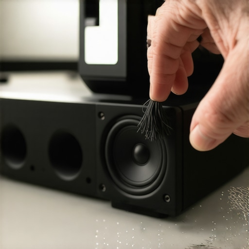 Cleaning speaker ports with tools Person carefully cleaning speaker ports using a soft brush and compressed air in a home theater.