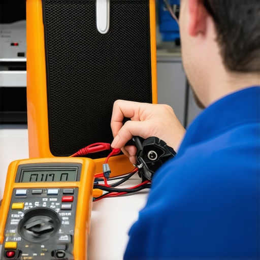Diagnosing a Tweeter Using Multimeter and Sound Test A technician using a multimeter and sound generator to test a speaker's tweeter for damage, close-up shot.