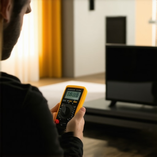 Essential Maintenance Tools for Home AV Systems Person testing cables and analyzing Wi-Fi interference in a home theater setup.