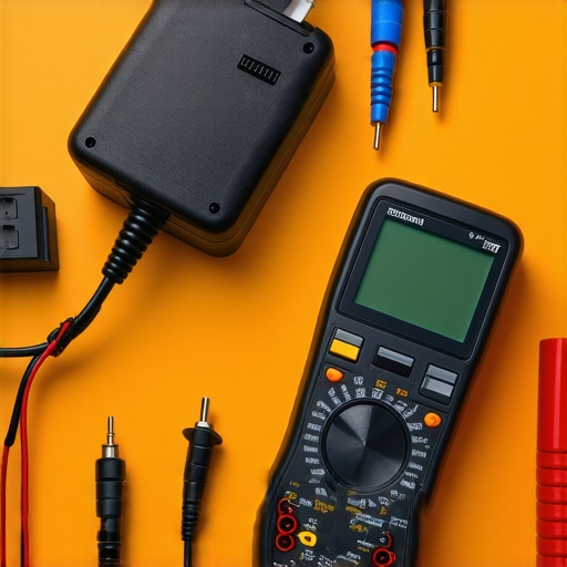 Essential Tools for Long-Term Home Audio Maintenance Multimeter and audio analyzer measuring speaker cables and settings in a home theater