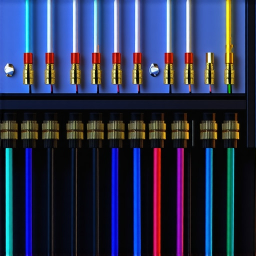 Close-up of professional AV equipment with wiring and cables in a home theater