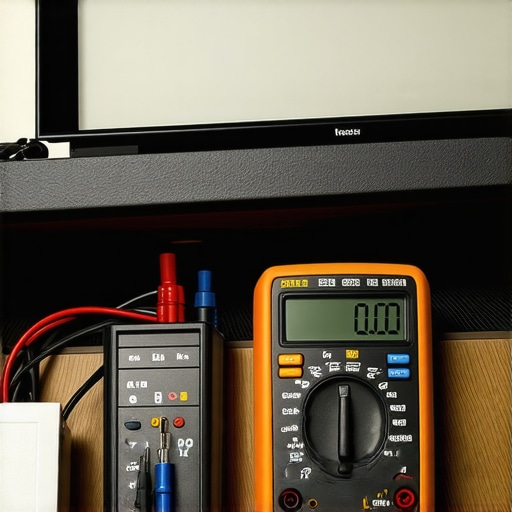 Home Audio Maintenance Tools Multimeter and cable tester on a home theater setup