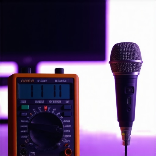 Close-up of digital multimeter and microphone used for audio calibration