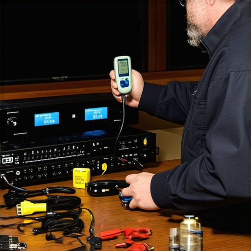 Technician inspecting and maintaining home theater equipment with tools and organized cables.