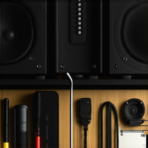 Home Theater Speaker Calibration Close-up of a home theater speaker setup with calibration tools and cables