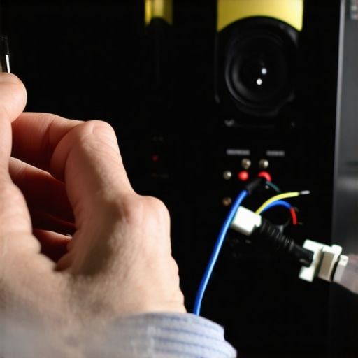 Inspecting speaker cables for loose connections Person tightening speaker cables in a home theater system