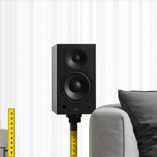 Person measuring speaker stand height to match ear level in a home theater