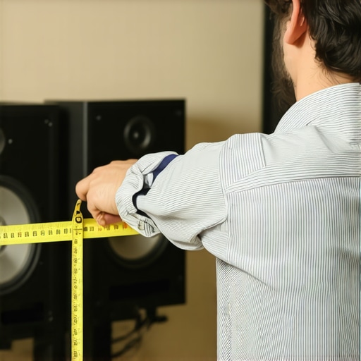 Person using a tape measure to measure speaker distances in a home theater setup