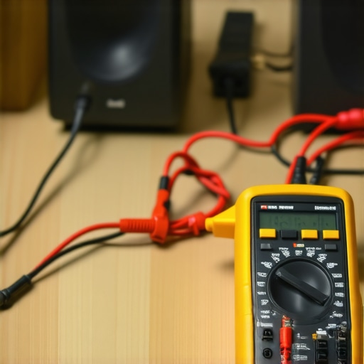 Person using multimeter to check continuity of speaker cables in a modern home theater