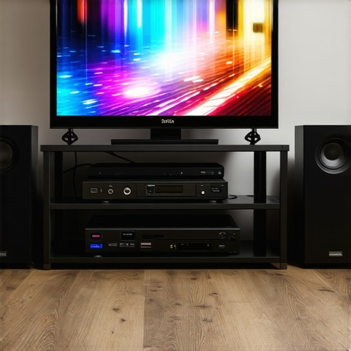 Optimized Home Theater Setup A modern home theater with organized wiring, calibrated speakers, and a vivid display showing a movie scene.