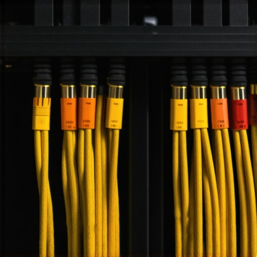 Organized Home Theater Cables for Reliable Performance Close-up of neatly arranged HDMI and speaker cables in a home theater rack